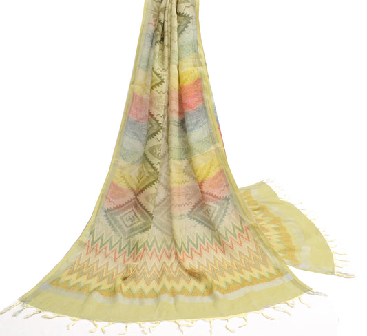 Sushila Vintage Light Yellow Dupatta 100% Pure Cotton Woven Long Stole Hijab
