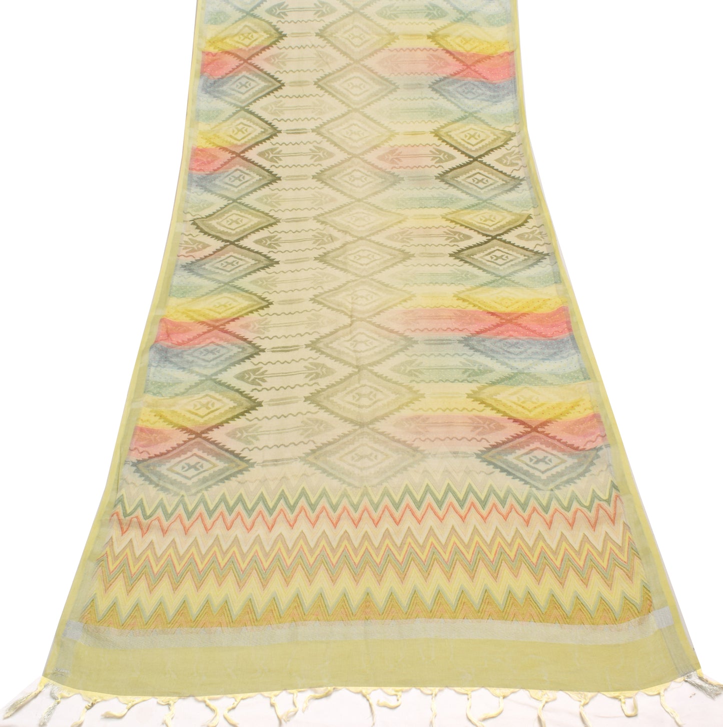 Sushila Vintage Light Yellow Dupatta 100% Pure Cotton Woven Long Stole Hijab