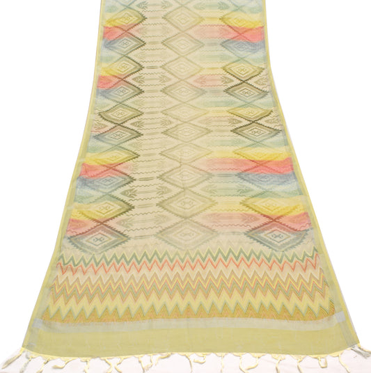 Sushila Vintage Light Yellow Dupatta 100% Pure Cotton Woven Long Stole Hijab
