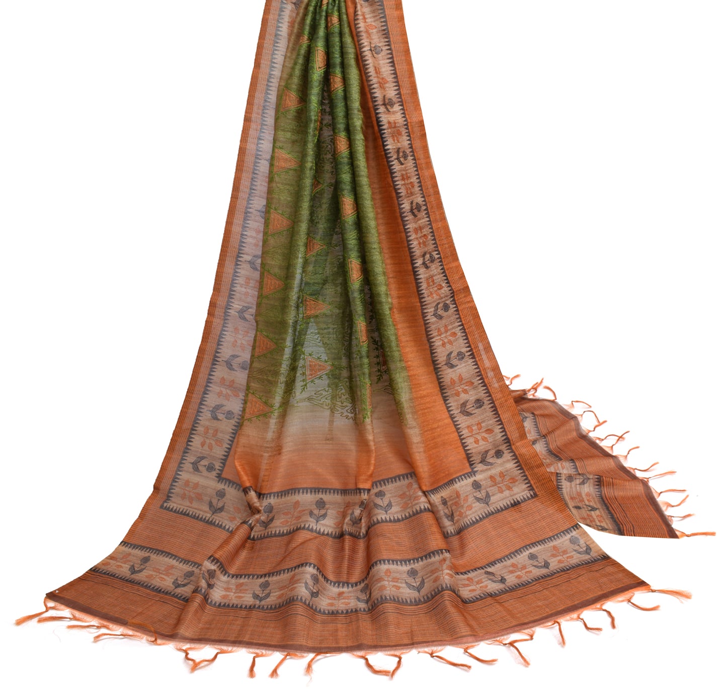 Sushila Vintage Green Dupatta Blend Silk Embroidered Long Stole hijab Wrap