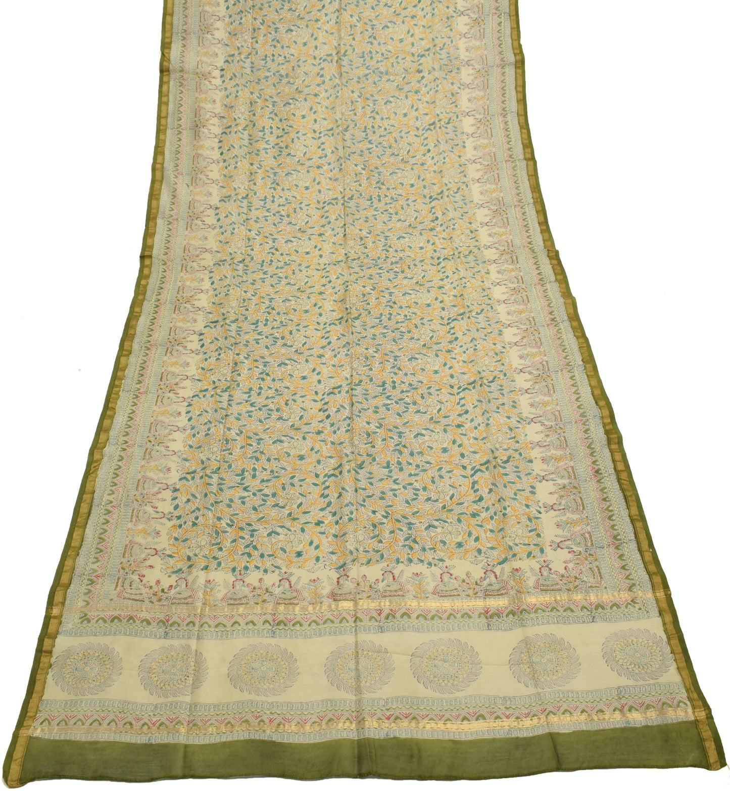 Sushila Vintage Green Dupatta Blend Silk Madhubani Printed Long Stole Veil Wrap