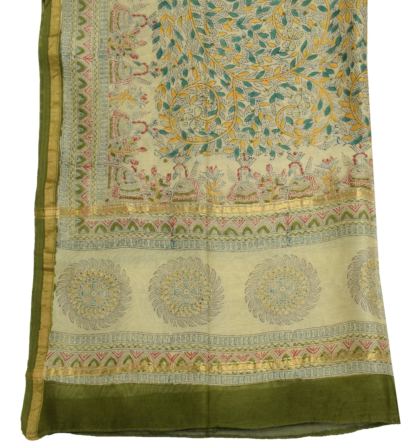 Sushila Vintage Green Dupatta Blend Silk Madhubani Printed Long Stole Veil Wrap