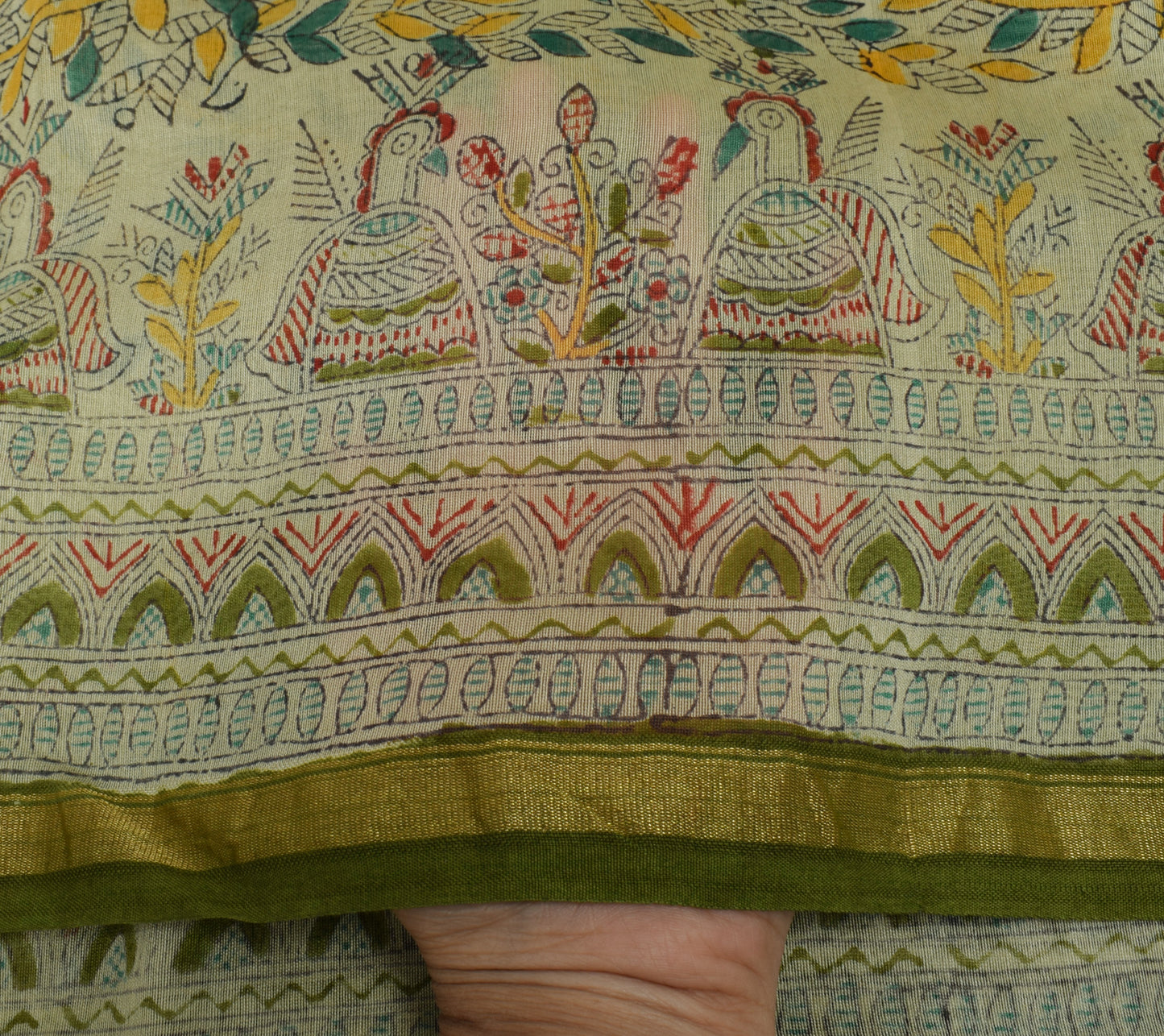 Sushila Vintage Green Dupatta Blend Silk Madhubani Printed Long Stole Veil Wrap