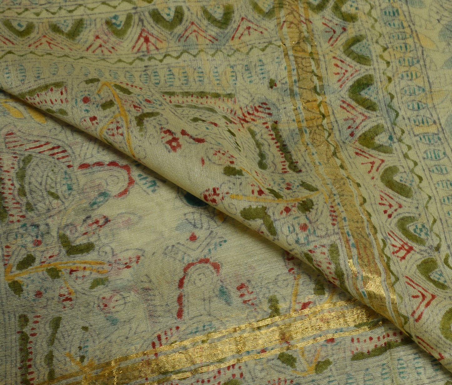 Sushila Vintage Green Dupatta Blend Silk Madhubani Printed Long Stole Veil Wrap