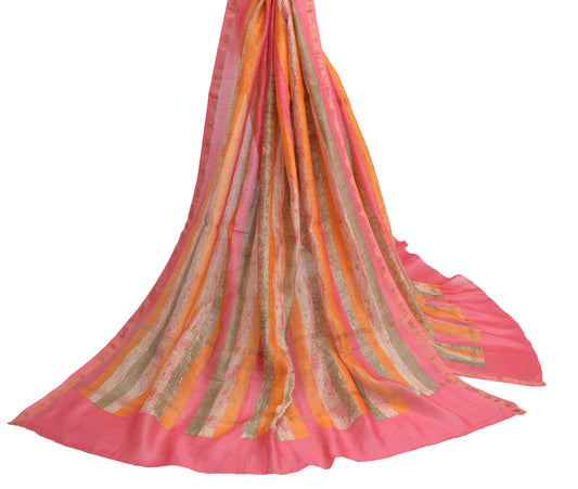 Sushila Vintage Multi-Color Dupatta 100% Pure Silk Printed Strips Long Stole