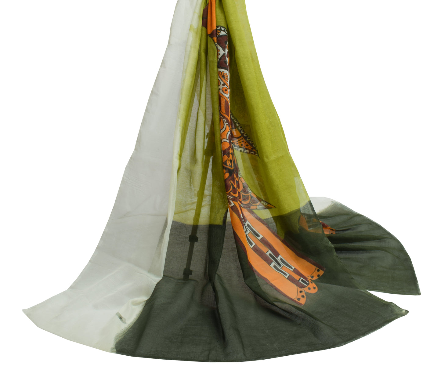 Sushila Vintage Green Dupatta Blend Cotton Printed Birds Long Stole Veil Hijab