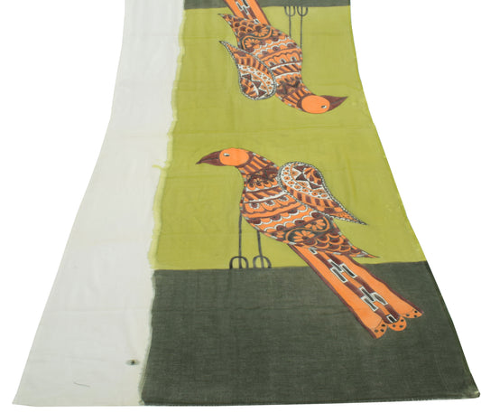 Sushila Vintage Green Dupatta Blend Cotton Printed Birds Long Stole Veil Hijab
