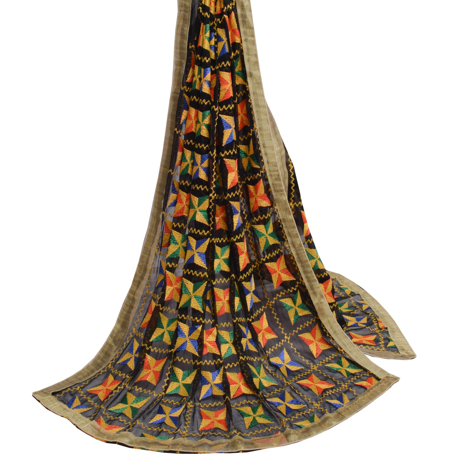 Sushila Vintage Black Dupatta Blend Chiffon Silk Phulkari Embroidered Long Stole