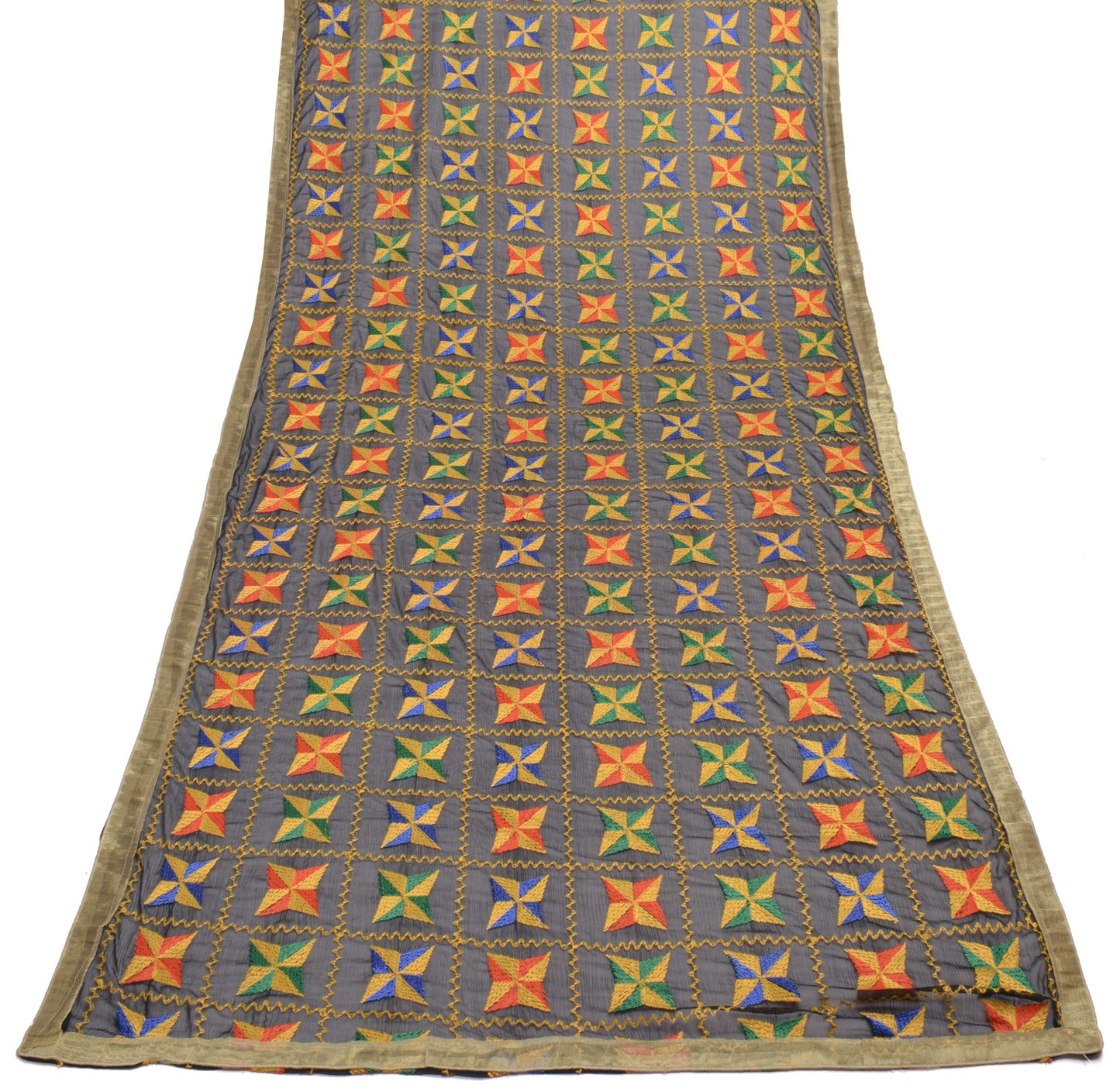 Sushila Vintage Black Dupatta Blend Chiffon Silk Phulkari Embroidered Long Stole