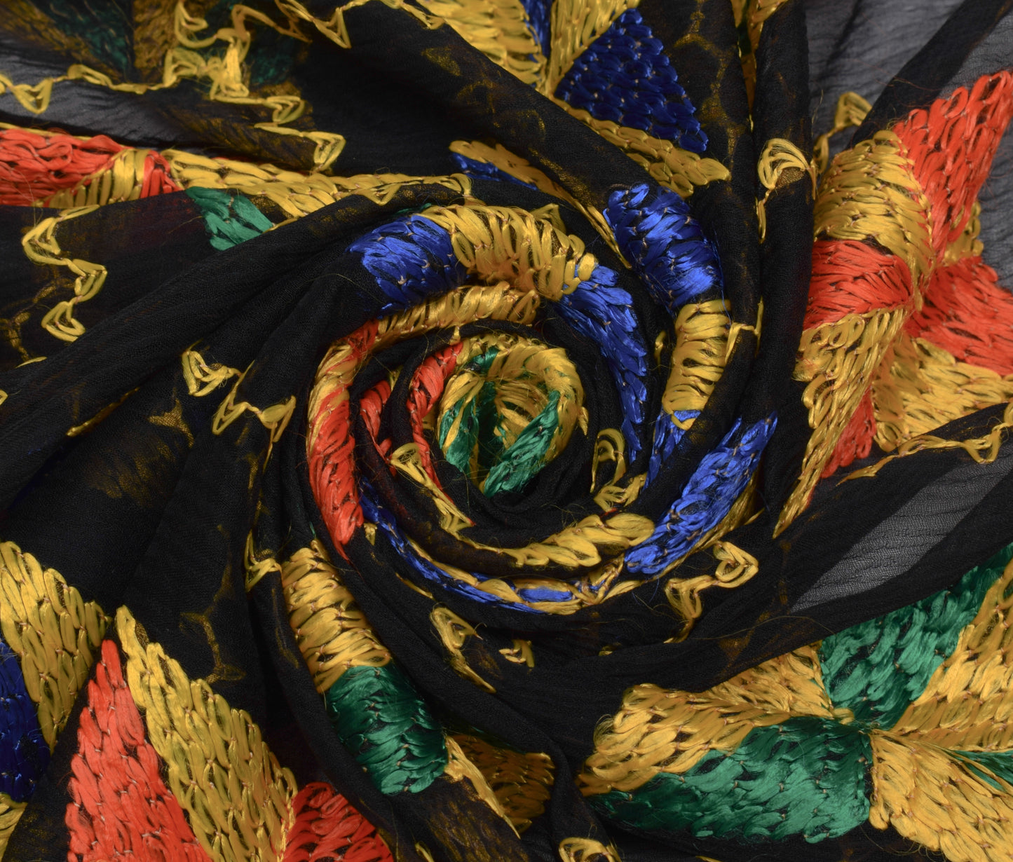 Sushila Vintage Black Dupatta Blend Chiffon Silk Phulkari Embroidered Long Stole