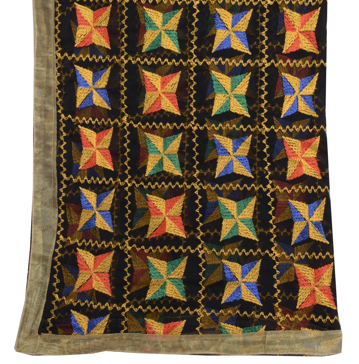 Sushila Vintage Black Dupatta Blend Chiffon Silk Phulkari Embroidered Long Stole
