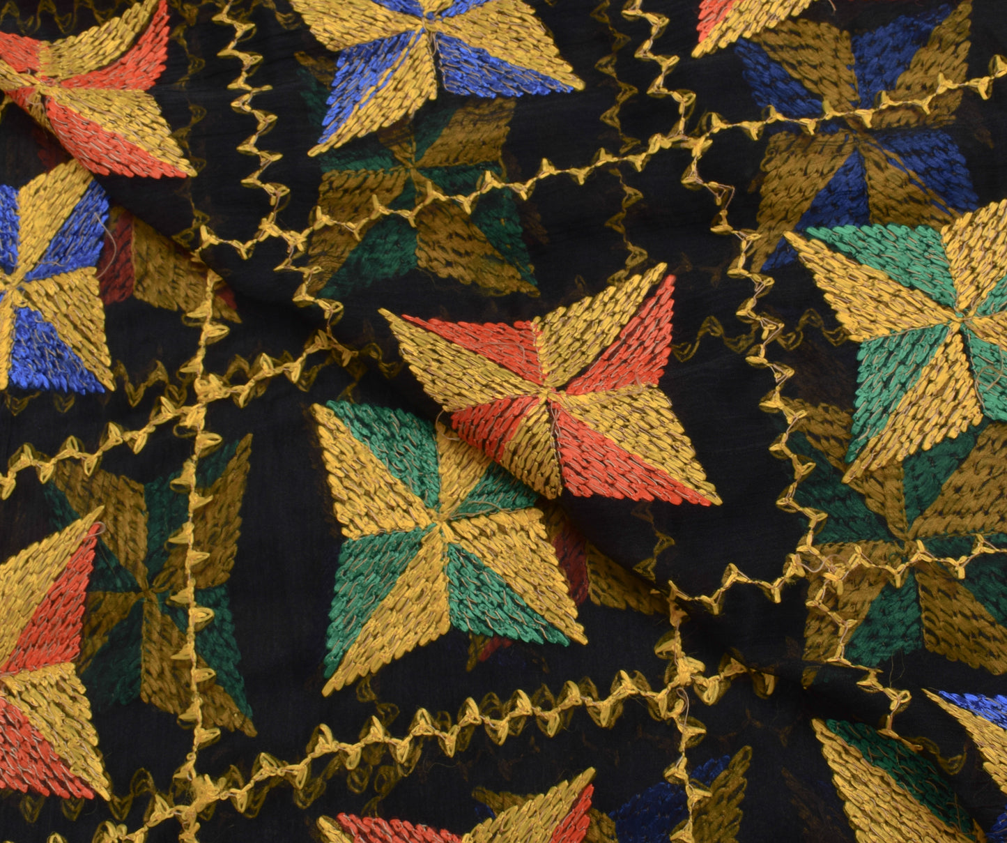 Sushila Vintage Black Dupatta Blend Chiffon Silk Phulkari Embroidered Long Stole