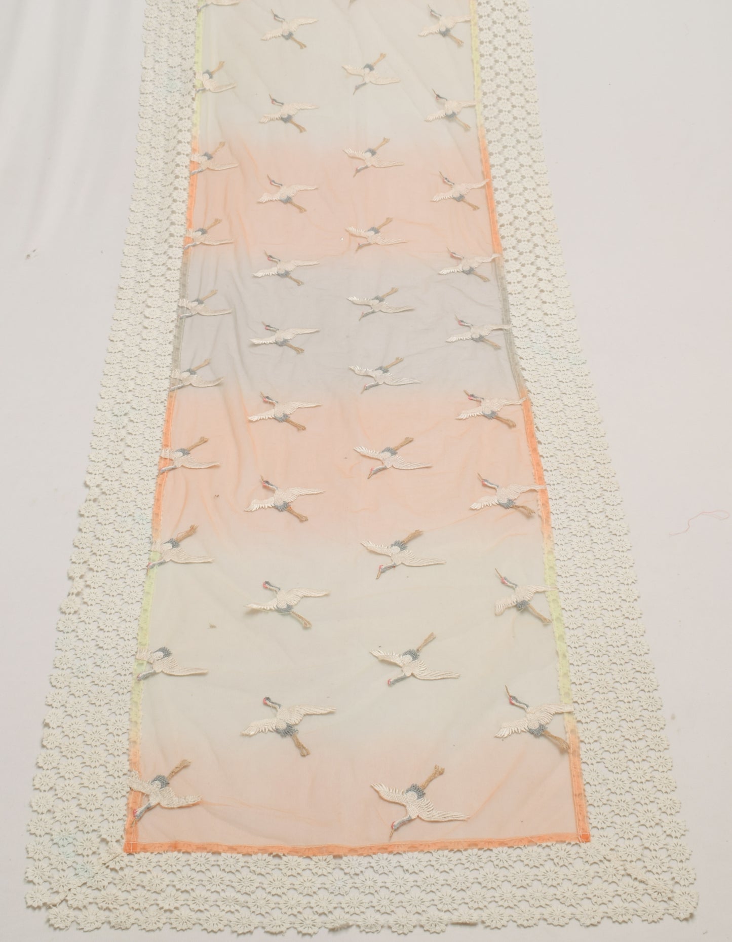 Sushila Vintage Light Orange Dupatta Net Mesh Birds Embroidered Long Stole Wrap