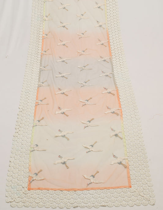 Sushila Vintage Light Orange Dupatta Net Mesh Birds Embroidered Long Stole Wrap