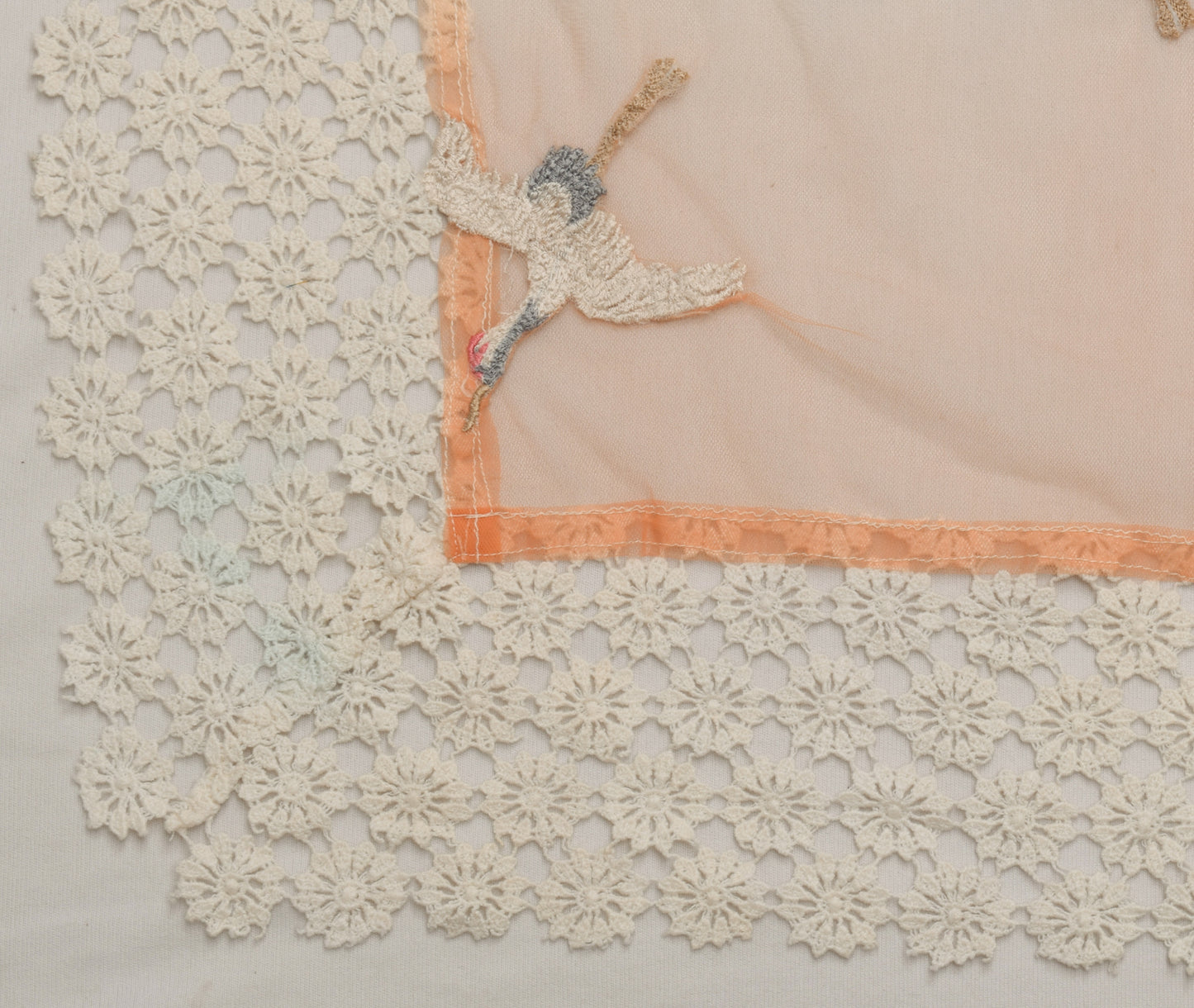Sushila Vintage Light Orange Dupatta Net Mesh Birds Embroidered Long Stole Wrap