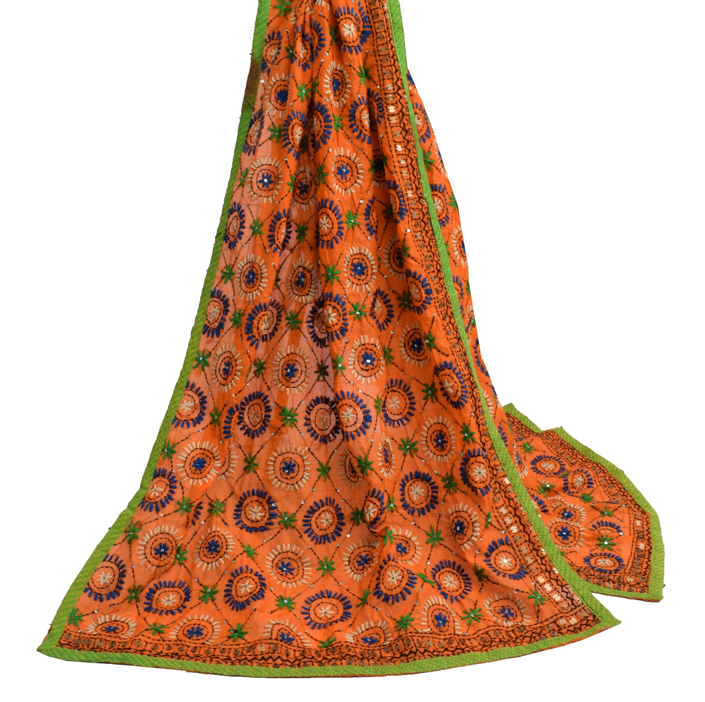Sushila Vintage Orange Dupatta Blend Cotton Hand Embroidered Floral Long Stole