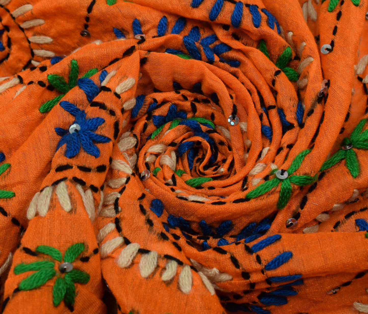Sushila Vintage Orange Dupatta Blend Cotton Hand Embroidered Floral Long Stole