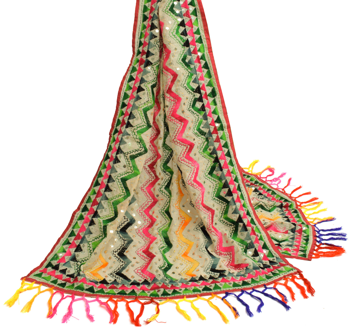 Sushila Vintage Cream Dupatta Blend Cotton Hand Embroidered Zig-Zag Long Stole