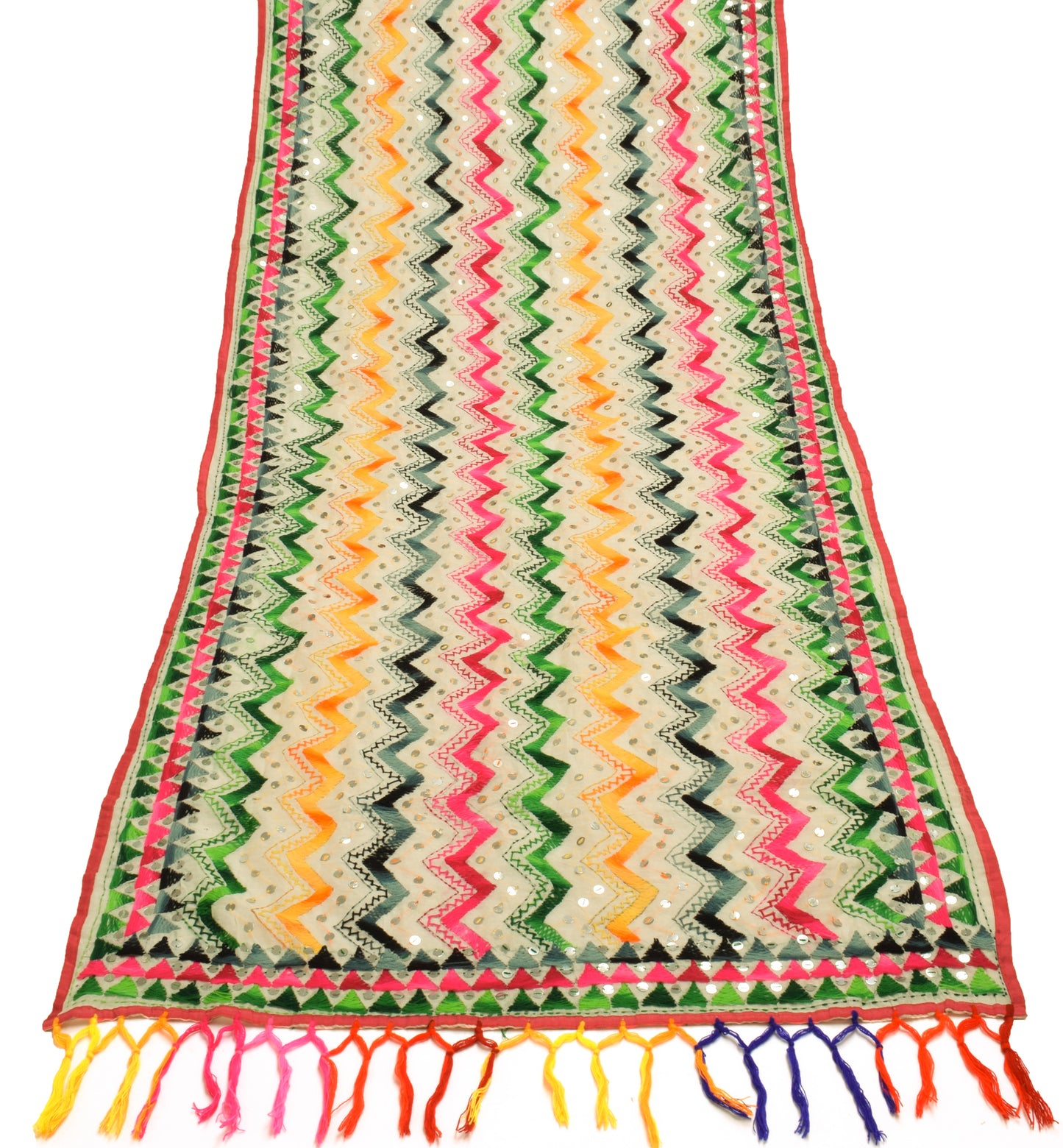 Sushila Vintage Cream Dupatta Blend Cotton Hand Embroidered Zig-Zag Long Stole