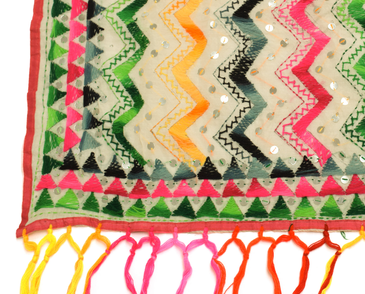 Sushila Vintage Cream Dupatta Blend Cotton Hand Embroidered Zig-Zag Long Stole