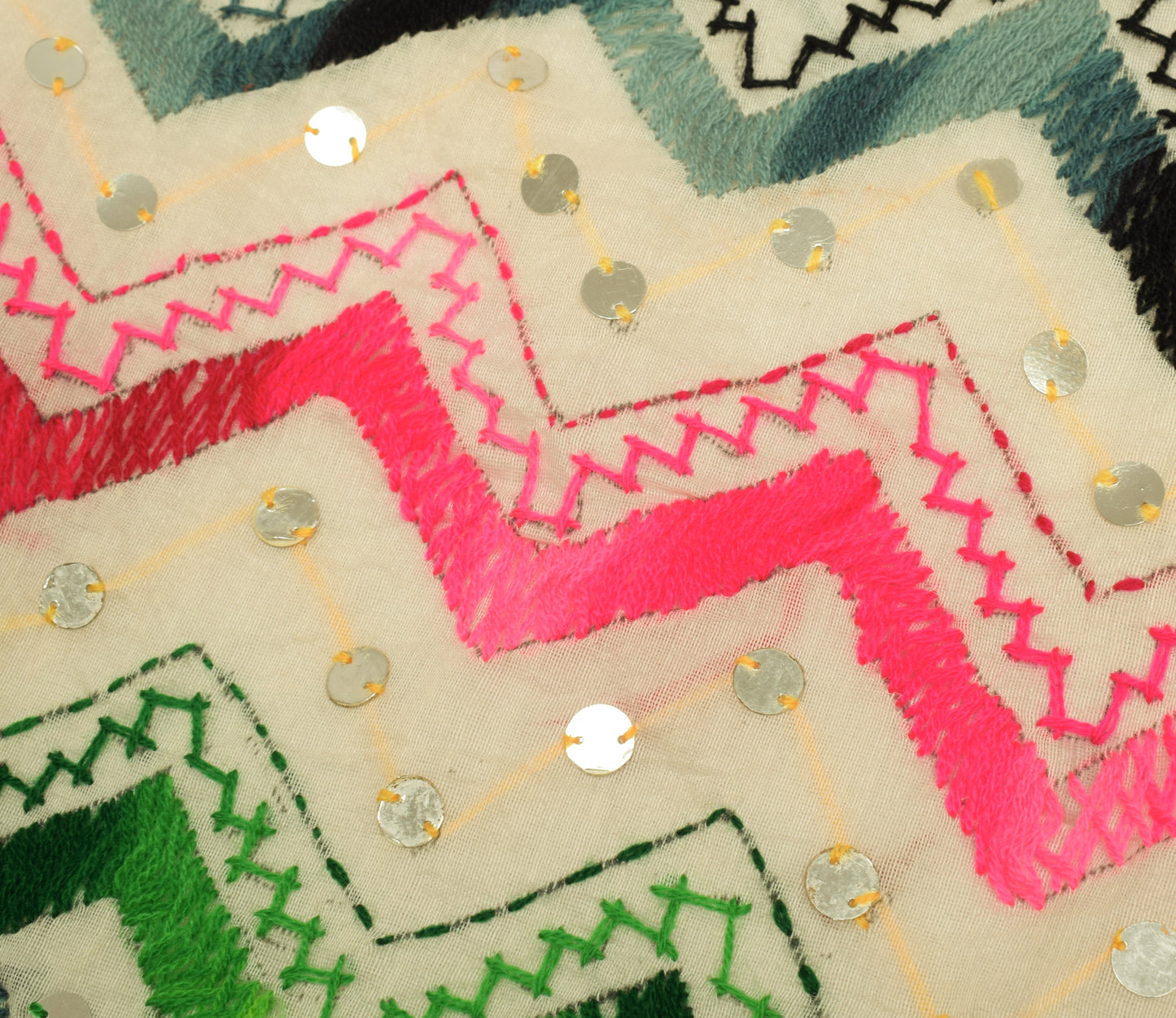 Sushila Vintage Cream Dupatta Blend Cotton Hand Embroidered Zig-Zag Long Stole