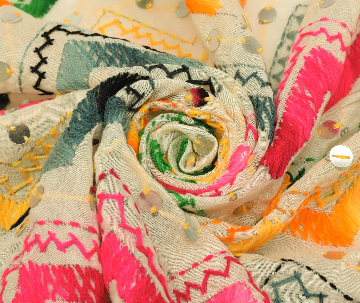 Sushila Vintage Cream Dupatta Blend Cotton Hand Embroidered Zig-Zag Long Stole