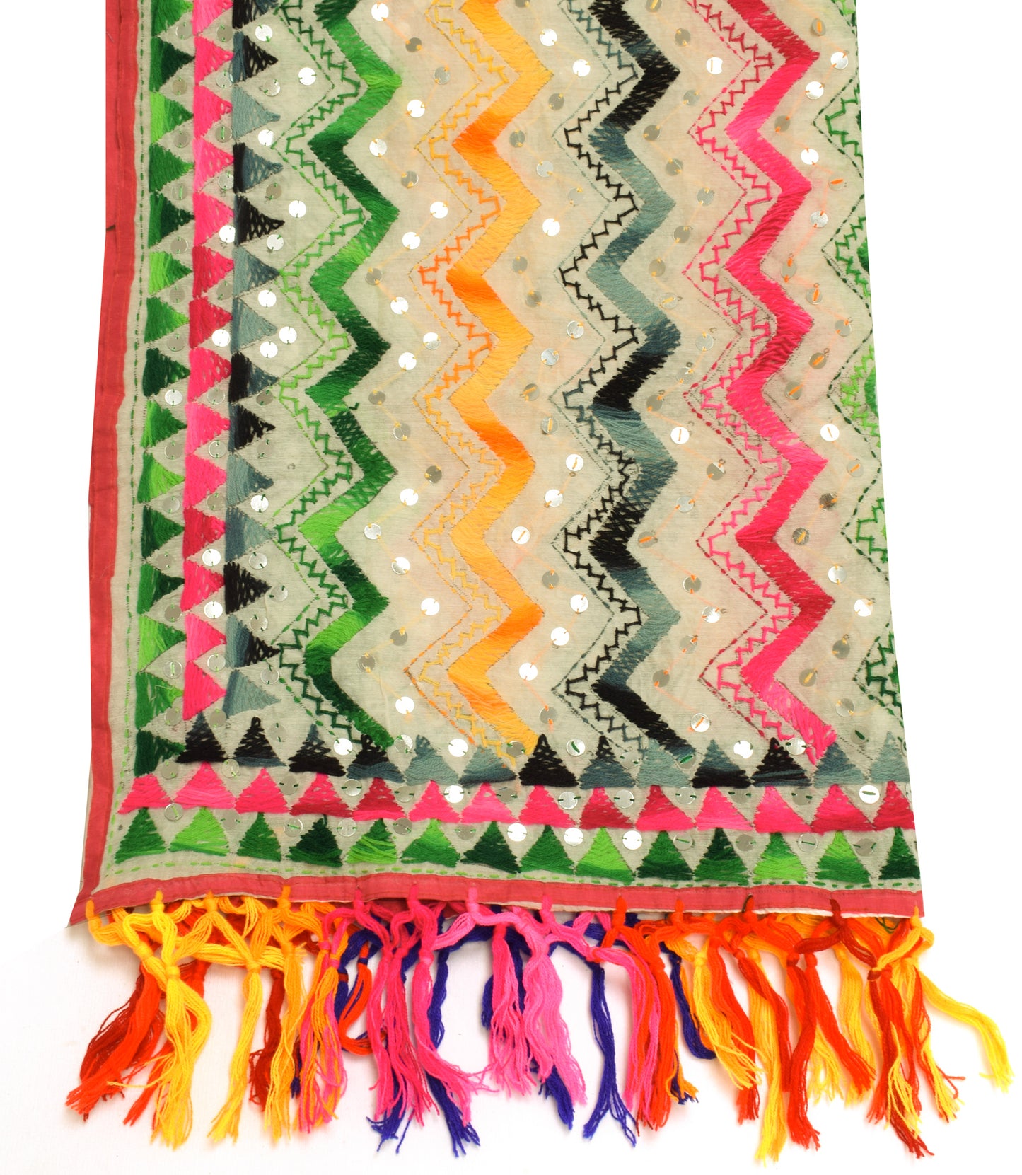 Sushila Vintage Cream Dupatta Blend Cotton Hand Embroidered Zig-Zag Long Stole