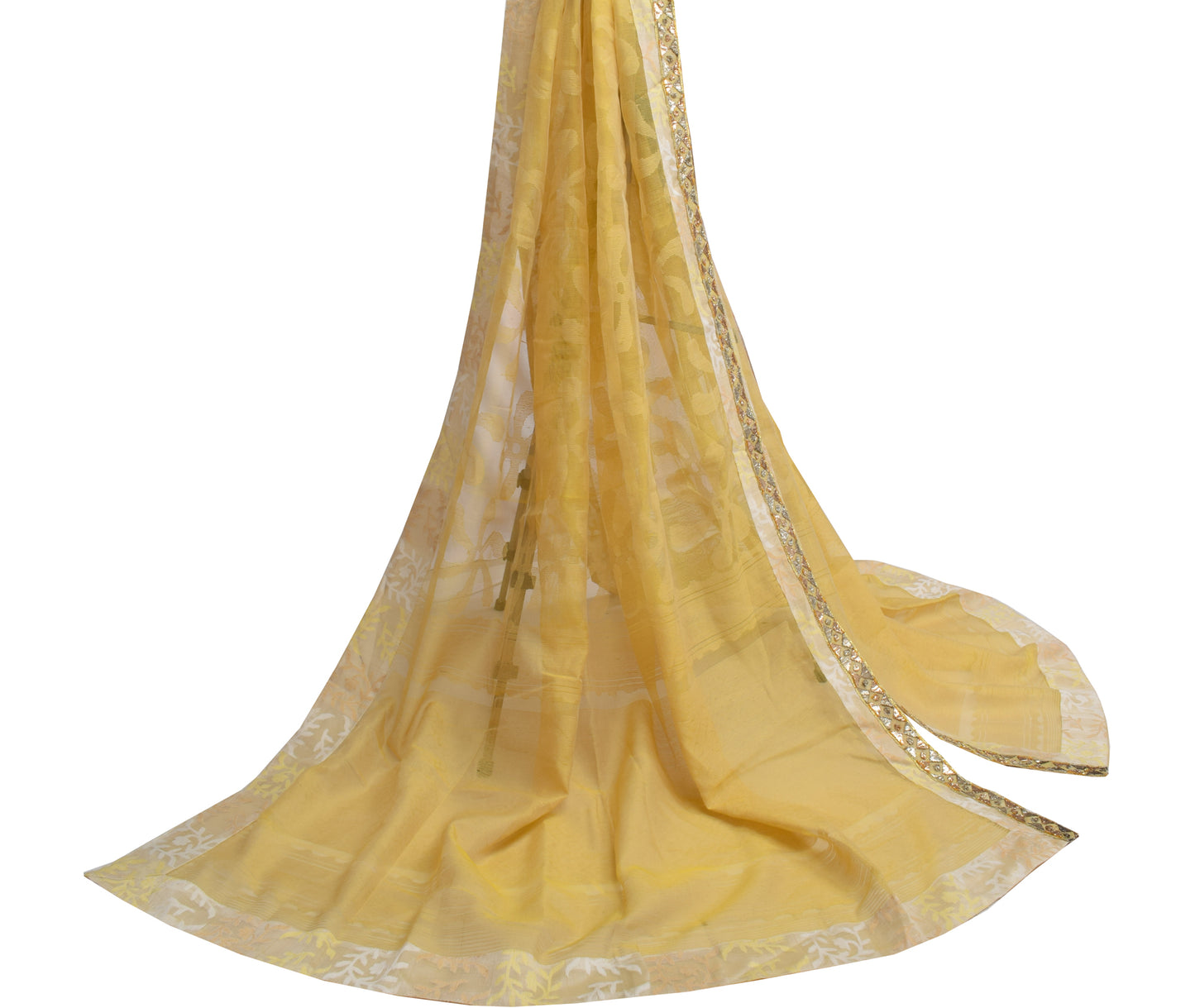 Sushila Vintage Yellow Indian Dupatta 100% Pure Silk Woven Floral Long Stole