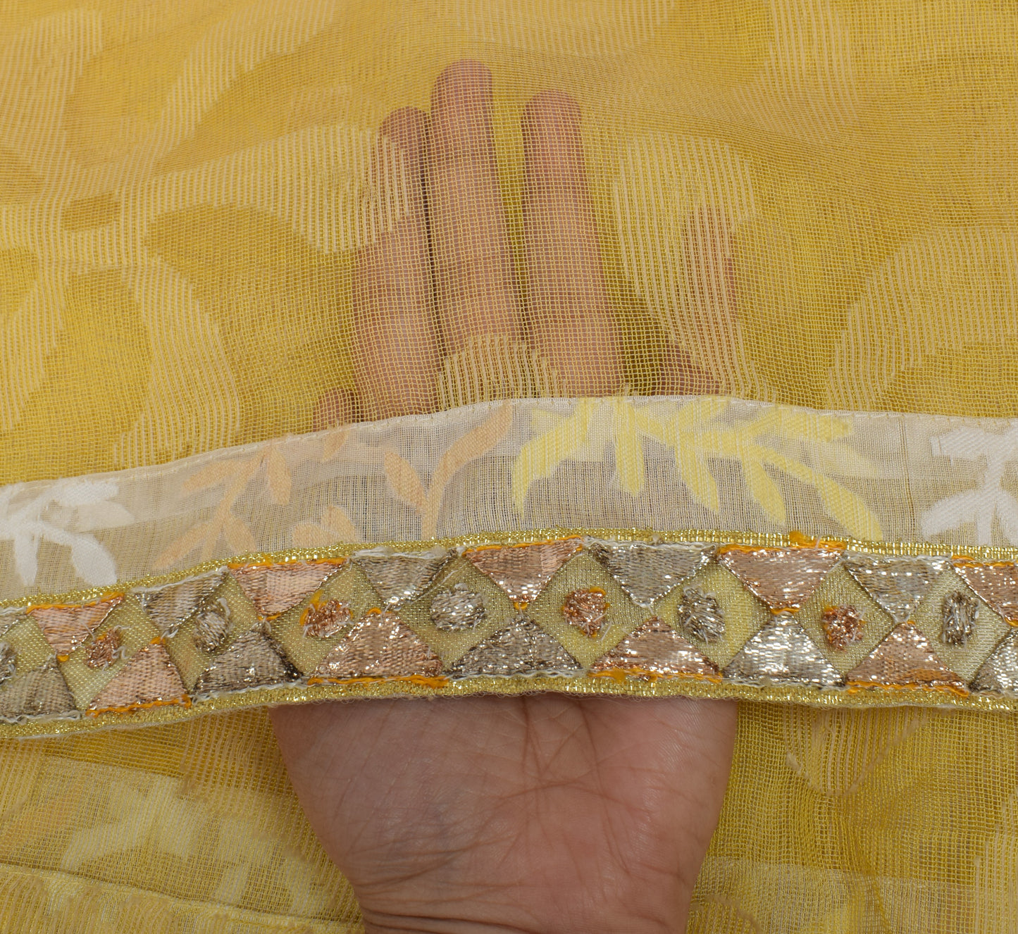 Sushila Vintage Yellow Indian Dupatta 100% Pure Silk Woven Floral Long Stole