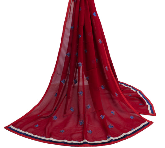 Sushila Vintage Red Dupatta 100% Pure Georgette Silk Embroidered Long Stole Wrap
