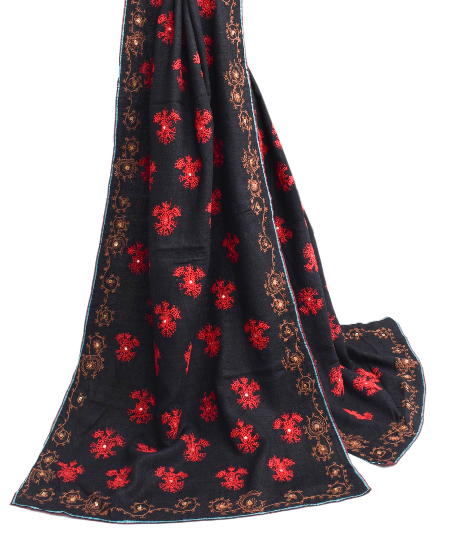 Sushila Vintage Black Dupatta 100% Pure Cotton Embroidered Floral Long Stole