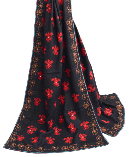Sushila Vintage Black Dupatta 100% Pure Cotton Embroidered Floral Long Stole