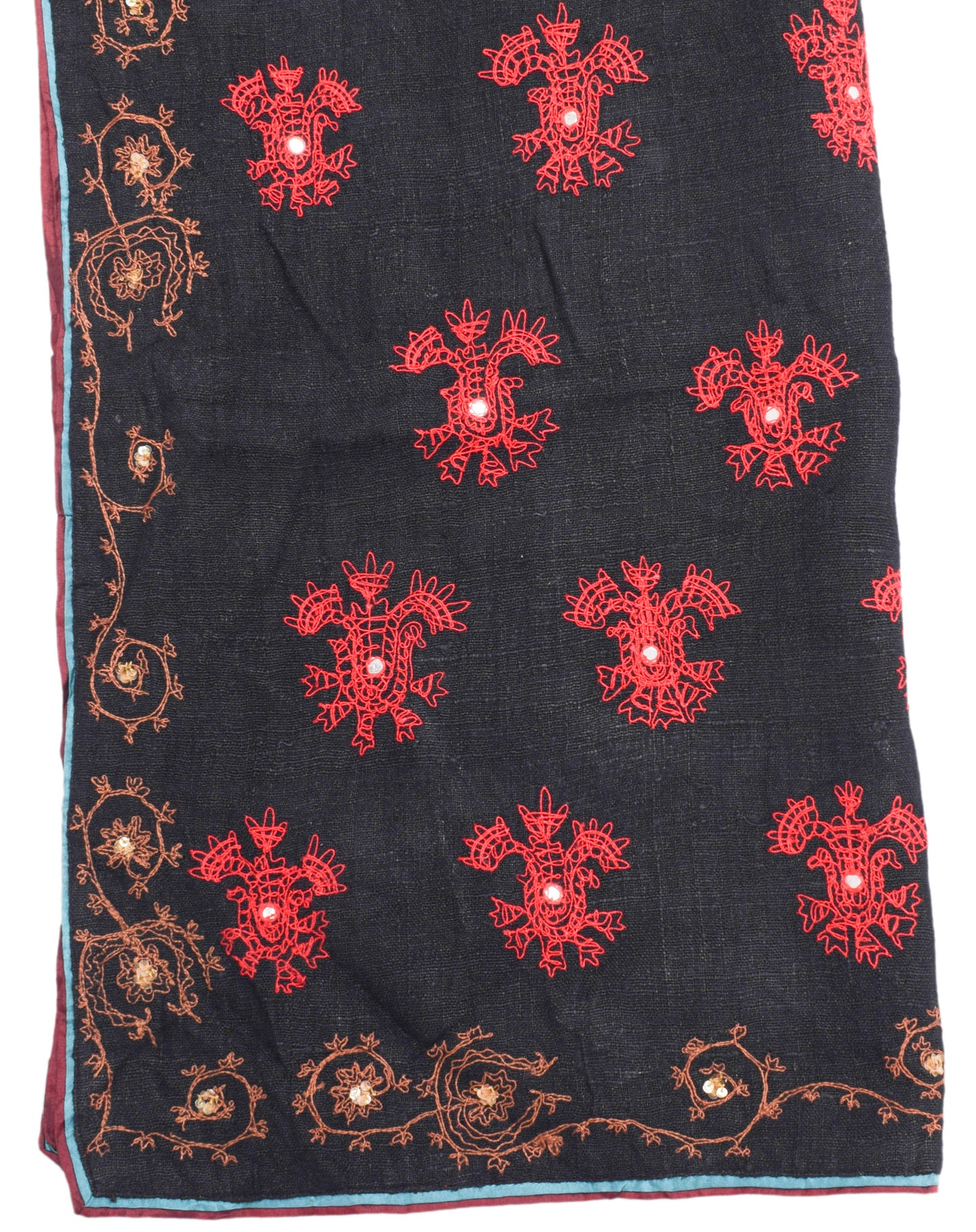 Sushila Vintage Black Dupatta 100% Pure Cotton Embroidered Floral Long Stole