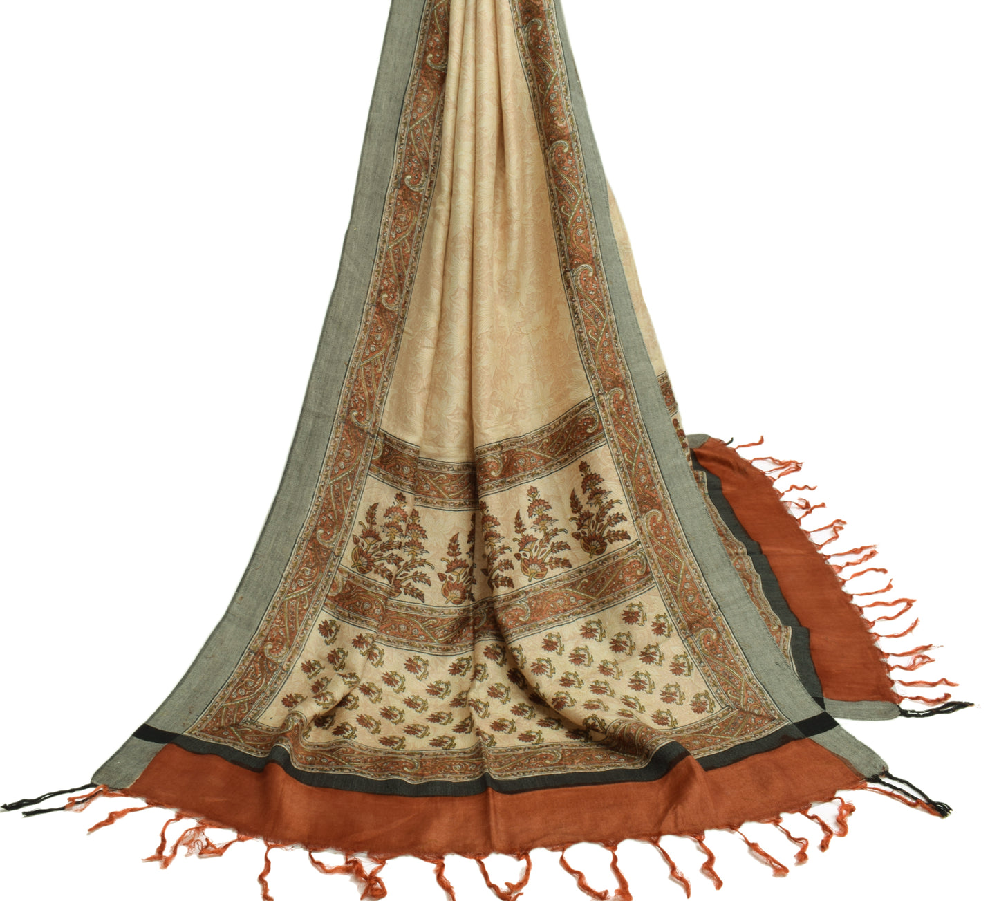 Sushila Vintage Cream Dupatta 100% Pure Woolen Woven Floral Long Stole Scarves