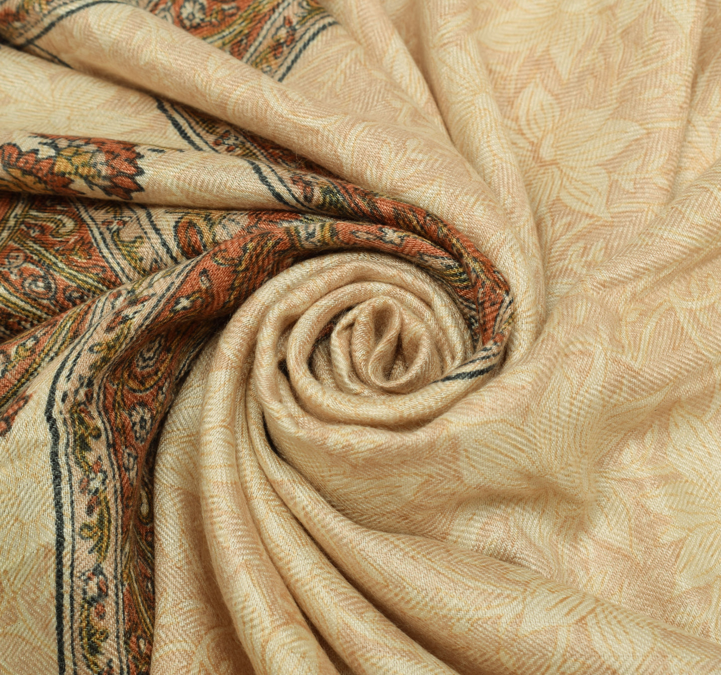 Sushila Vintage Cream Dupatta 100% Pure Woolen Woven Floral Long Stole Scarves