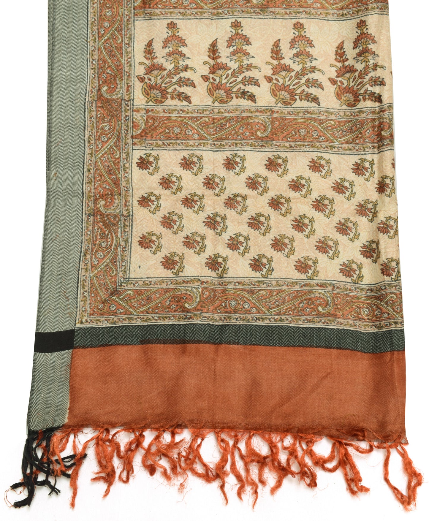 Sushila Vintage Cream Dupatta 100% Pure Woolen Woven Floral Long Stole Scarves