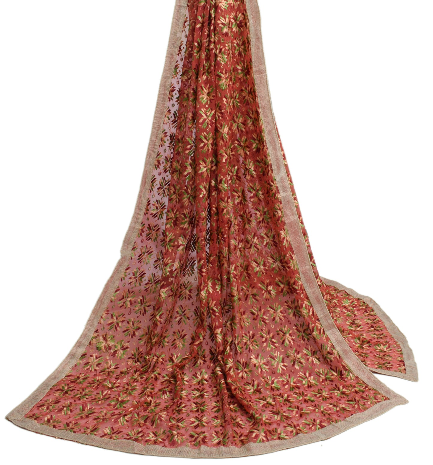 Sushila Vintage Peach Dupatta Blend Chiffon Silk Phulkari Embroidered Long Stole