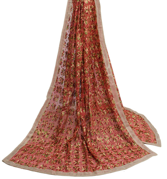 Sushila Vintage Peach Dupatta Blend Chiffon Silk Phulkari Embroidered Long Stole