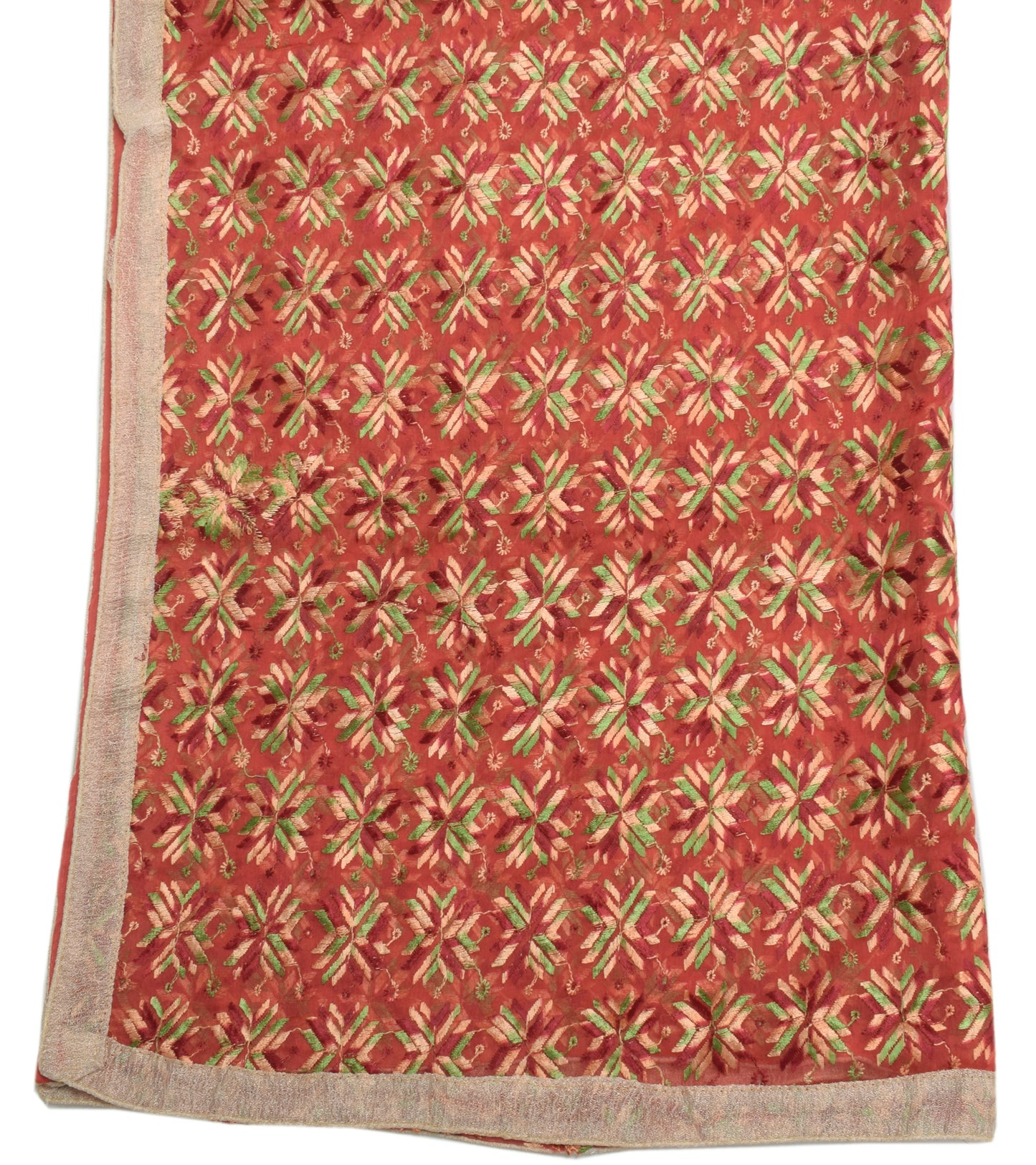 Sushila Vintage Peach Dupatta Blend Chiffon Silk Phulkari Embroidered Long Stole