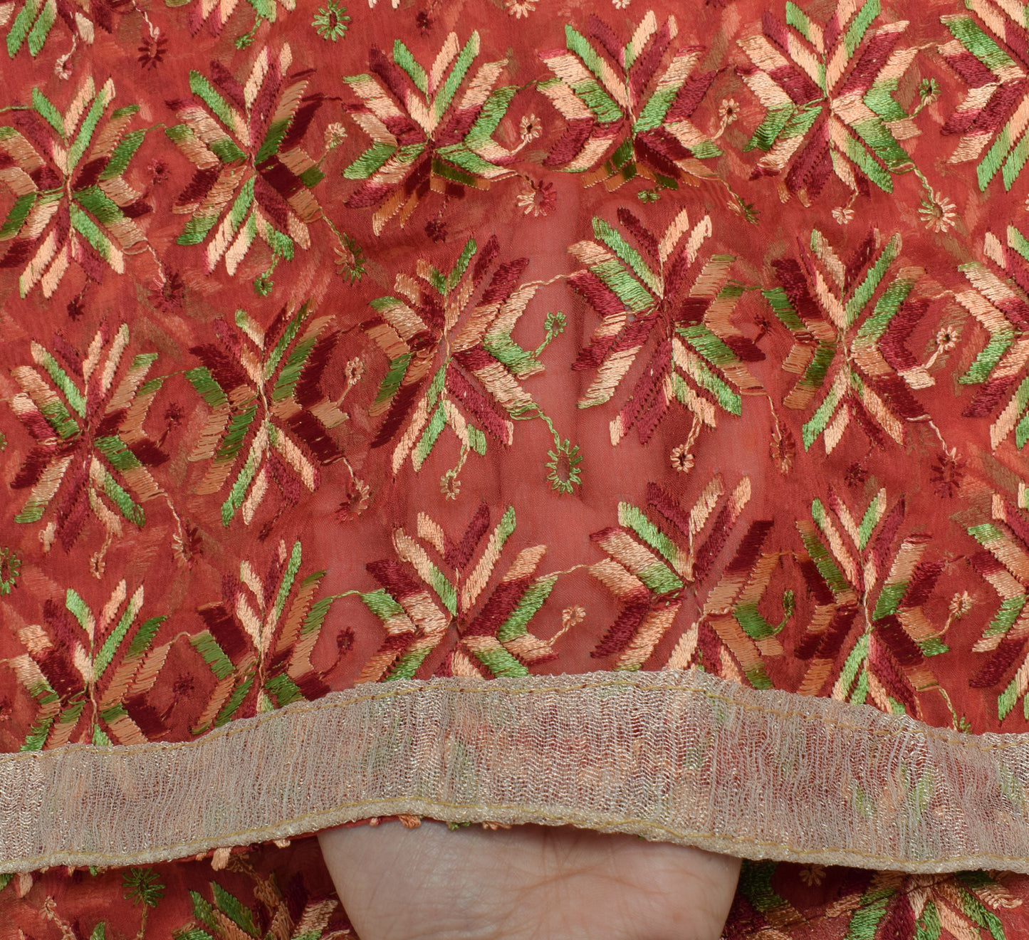 Sushila Vintage Peach Dupatta Blend Chiffon Silk Phulkari Embroidered Long Stole