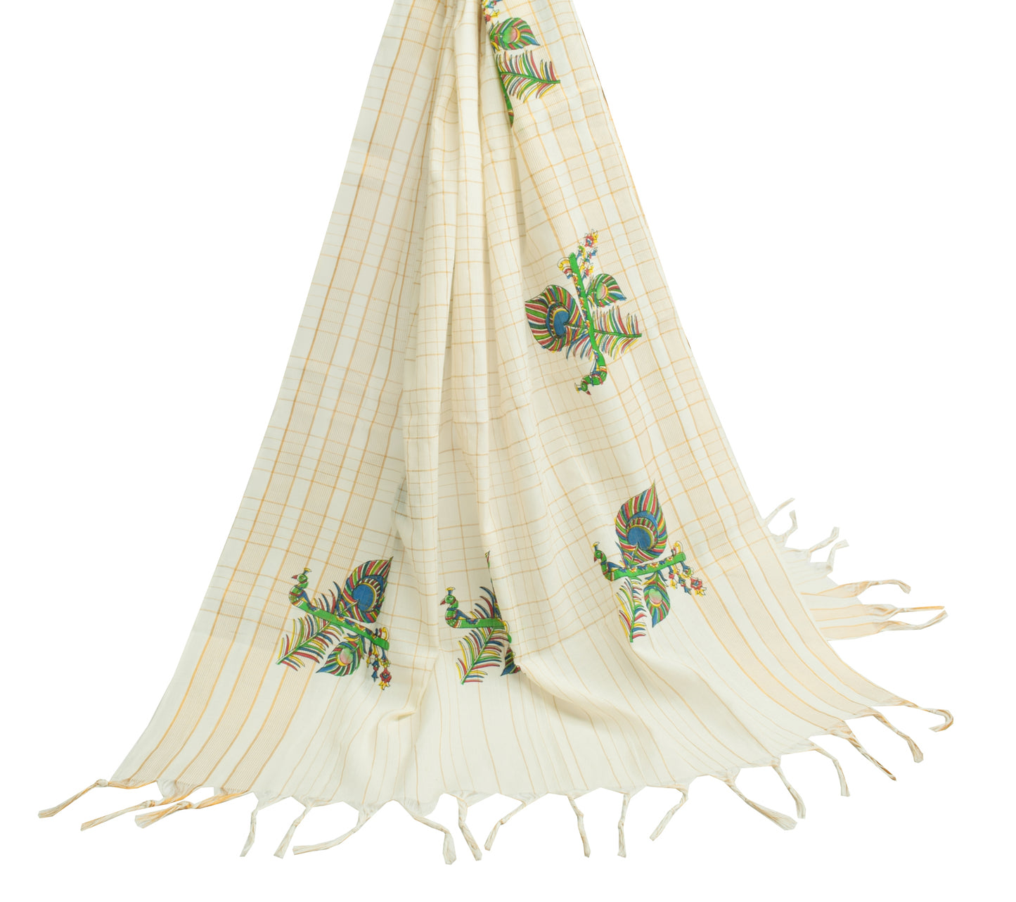 Sushila Vintage Cream Indian Dupatta Blend Cotton Woven & Printed Long Stole