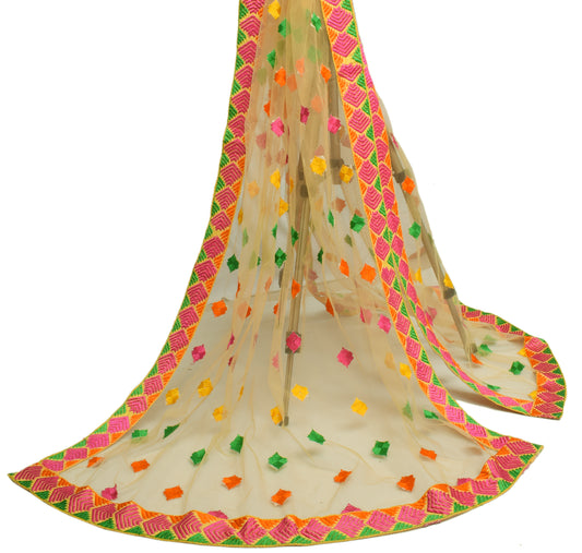 Sushila Vintage Light Yellow Dupatta Net Mesh Phulkari Embroidered  Long Stole