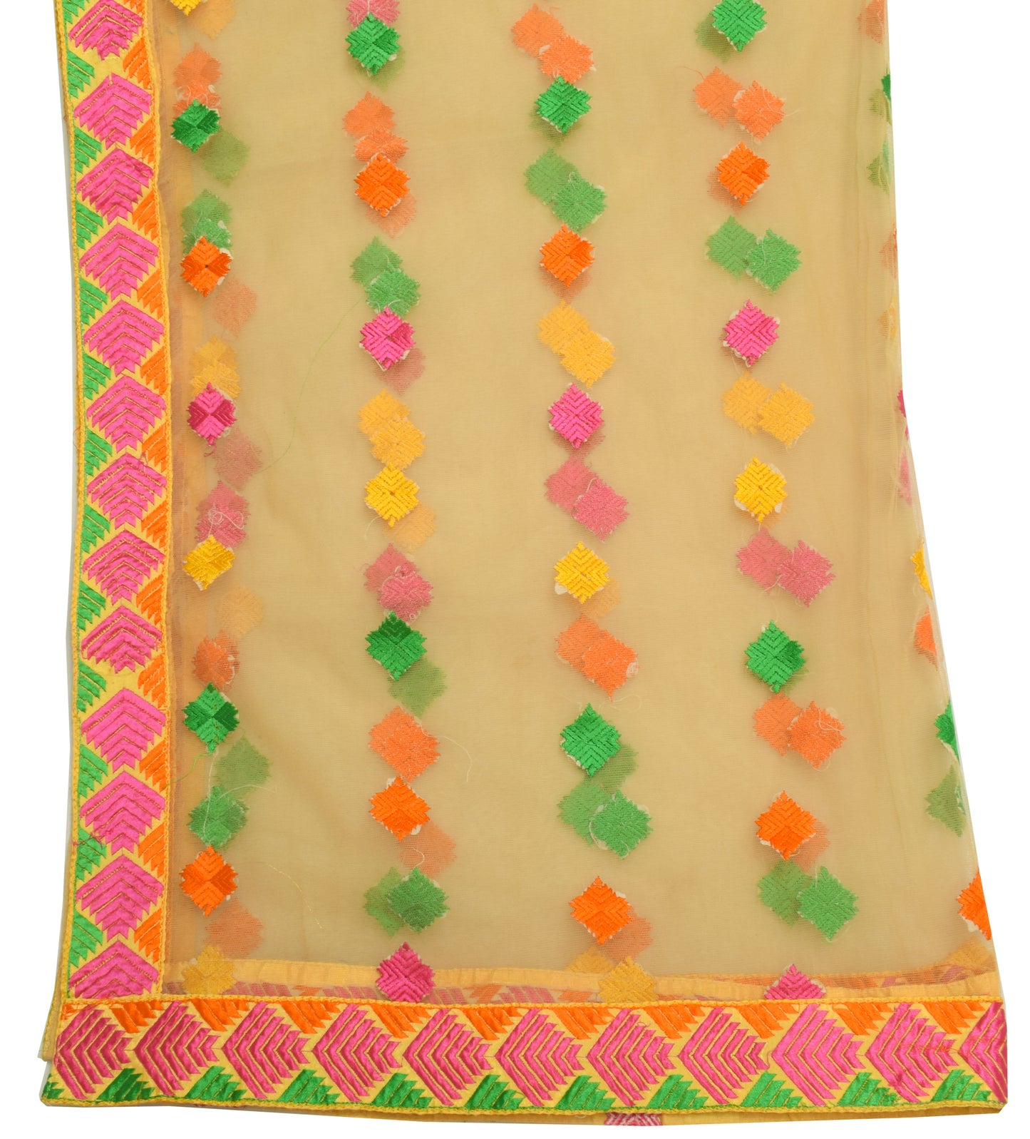 Sushila Vintage Light Yellow Dupatta Net Mesh Phulkari Embroidered  Long Stole