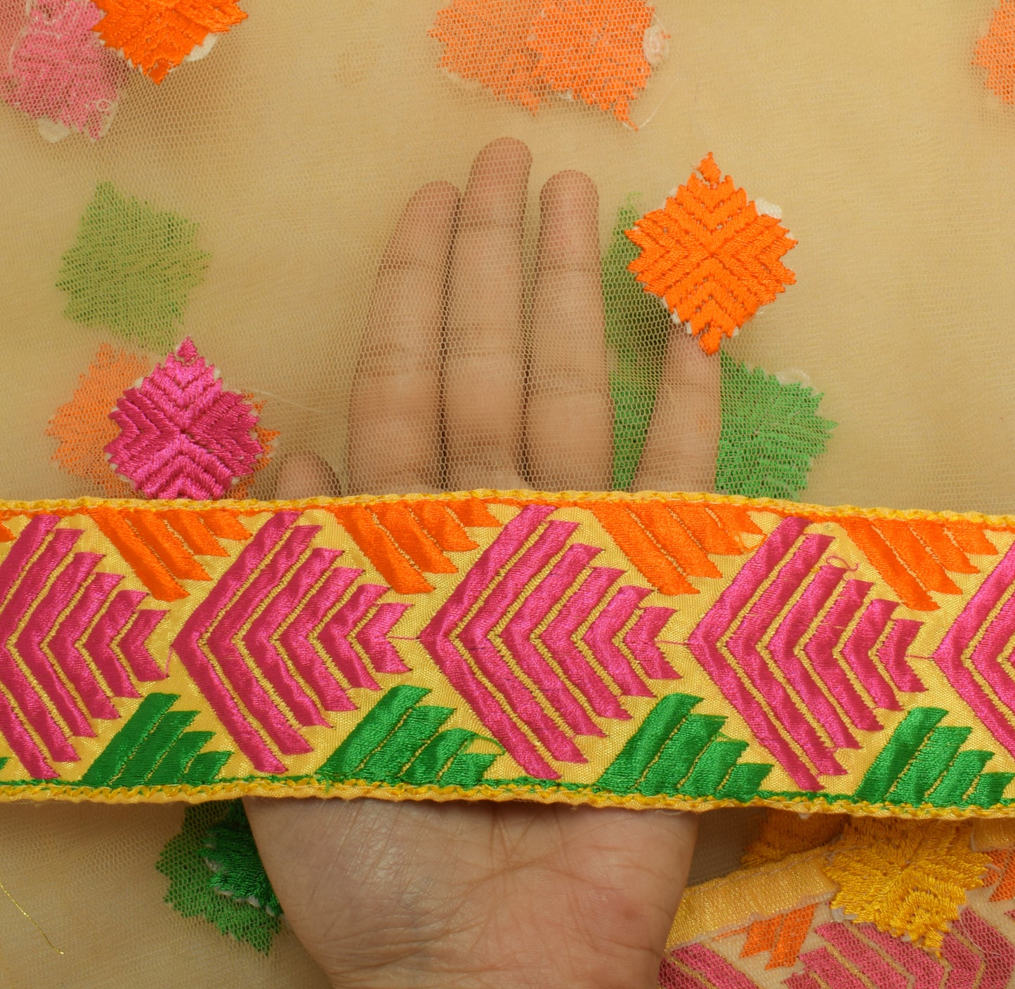 Sushila Vintage Light Yellow Dupatta Net Mesh Phulkari Embroidered  Long Stole