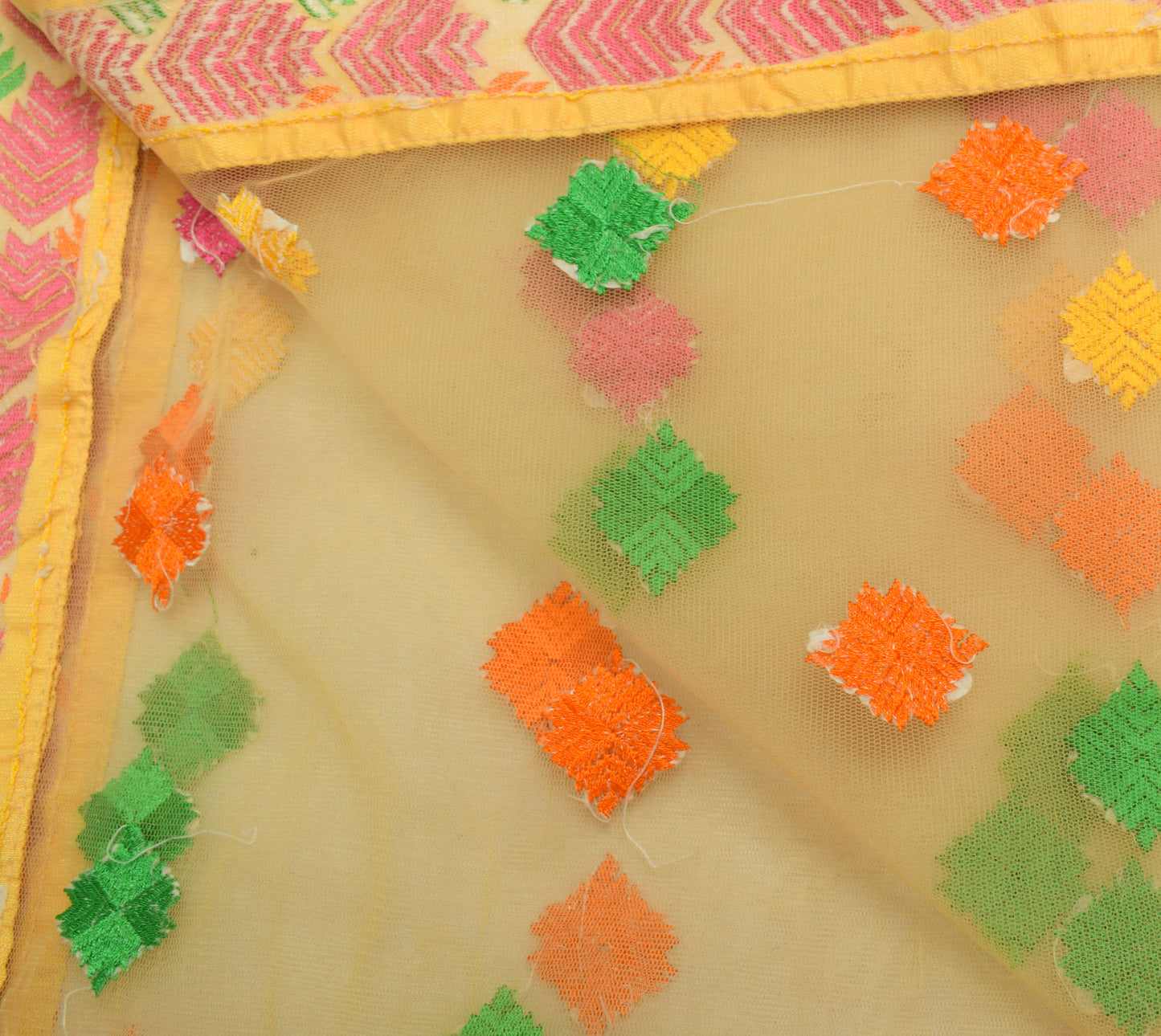 Sushila Vintage Light Yellow Dupatta Net Mesh Phulkari Embroidered  Long Stole