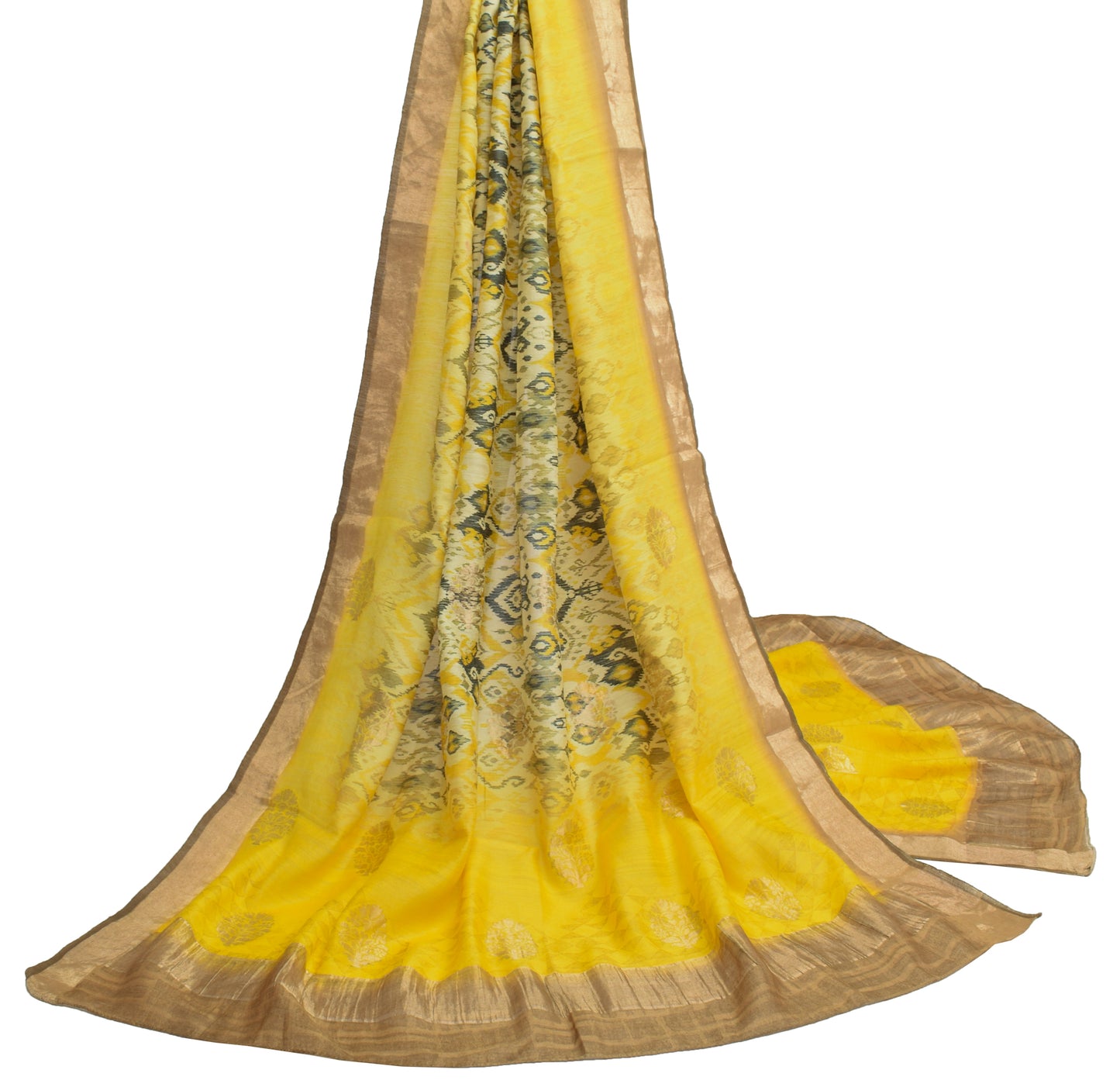 Sushila Vintage Light Yellow Dupatta 100% Pure Silk Printed Long Stole Wrap Veil