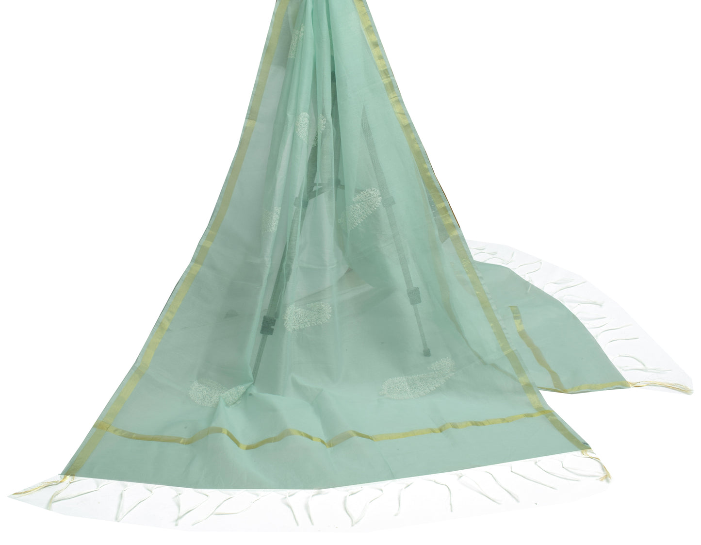 Sushila Vintage Aqua Green Dupatta Blend Cotton Embroidered Paisley Long Stole