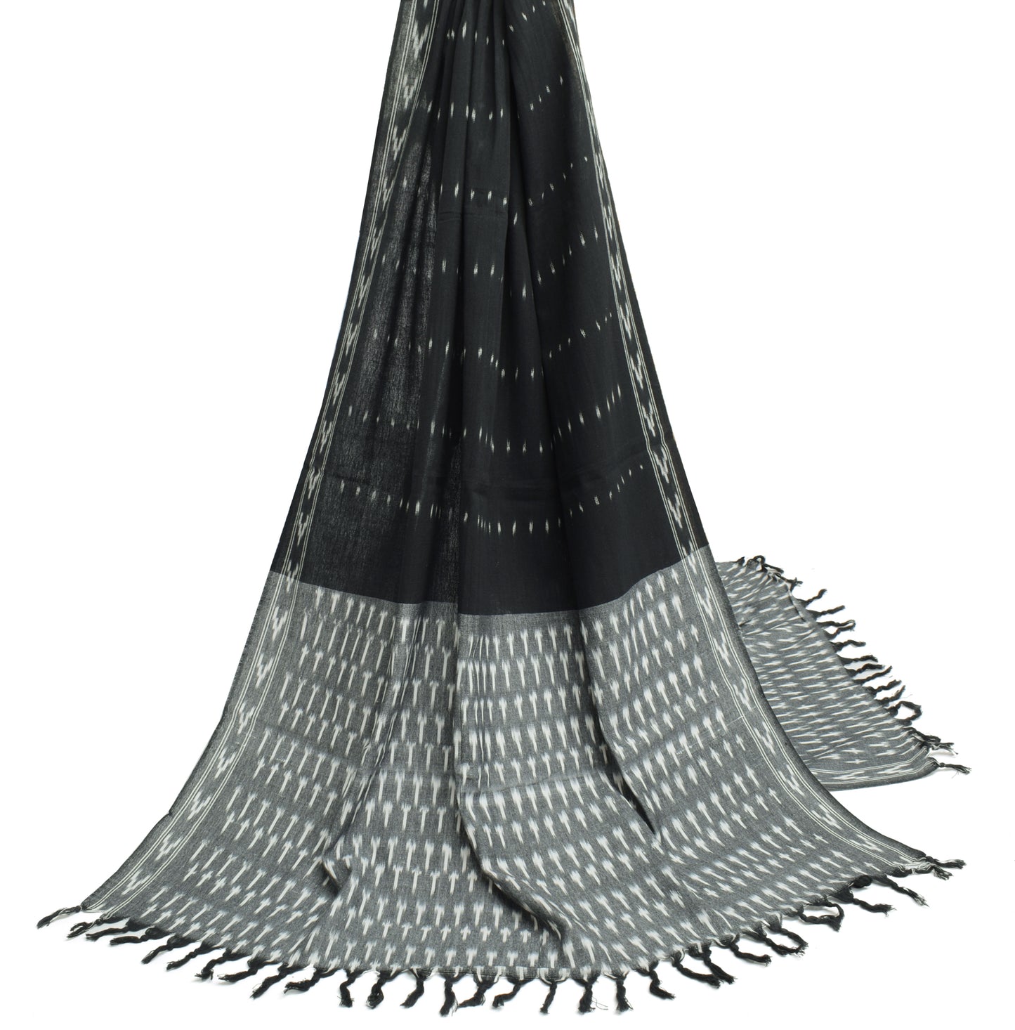 Sushila Vintage Black Dupatta 100% Pure Cotton Hand Woven Ikkat Long Stole Wrap