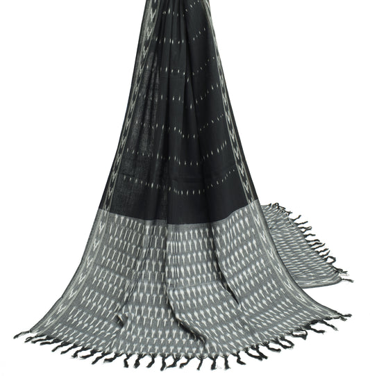 Sushila Vintage Black Dupatta 100% Pure Cotton Hand Woven Ikkat Long Stole Wrap