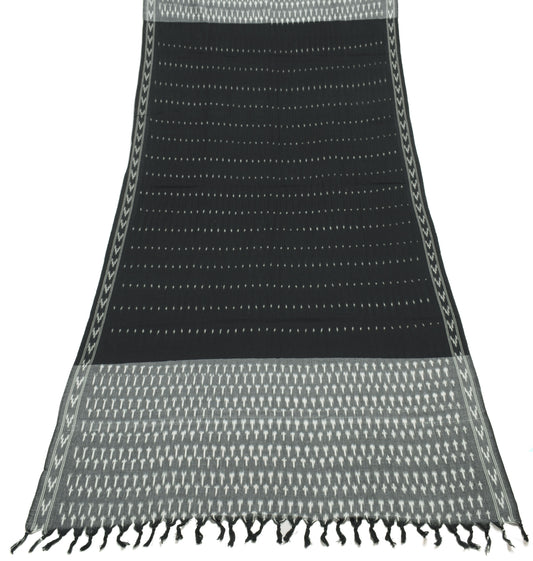 Sushila Vintage Black Dupatta 100% Pure Cotton Hand Woven Ikkat Long Stole Wrap